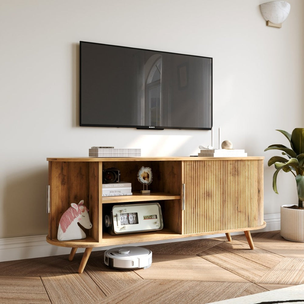 English Elm Dfw Fluted Oak Media Console with Built-in Power Outlet and Seven Storage Compartments W2301P496295