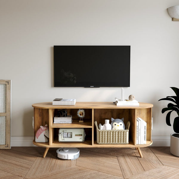 English Elm Dfw Fluted Oak Media Console with Built-in Power Outlet and Seven Storage Compartments W2301P496295