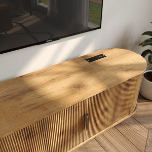 English Elm Dfw Fluted Oak Media Console with Built-in Power Outlet and Seven Storage Compartments W2301P496295