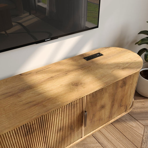 English Elm Dfw Fluted Oak Media Console with Built-in Power Outlet and Seven Storage Compartments W2301P496295