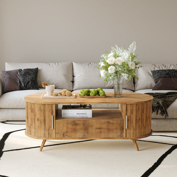 English Elm Dfw Oval Oak Coffee Table with Sliding Cabinet Drawer and Fluted Handles for Living Room W2301P496299