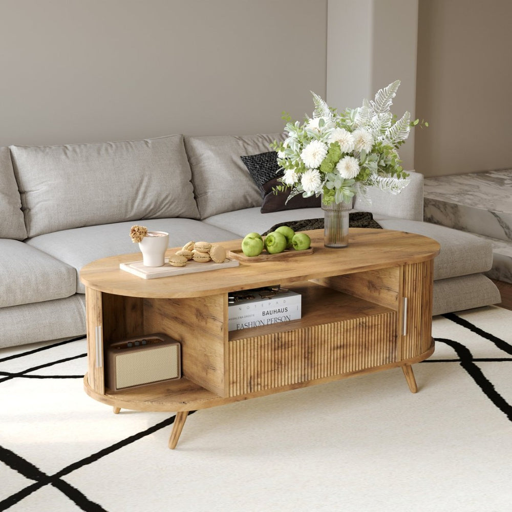 English Elm Dfw Oval Oak Coffee Table with Sliding Cabinet Drawer and Fluted Handles for Living Room W2301P496299