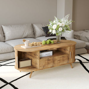 English Elm Dfw Oval Oak Coffee Table with Sliding Cabinet Drawer and Fluted Handles for Living Room W2301P496299