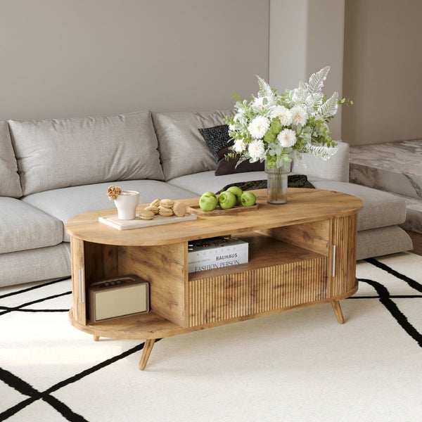 English Elm Dfw Oval Oak Coffee Table with Sliding Cabinet Drawer and Fluted Handles for Living Room W2301P496299