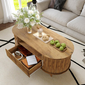 English Elm Dfw Oval Oak Coffee Table with Sliding Cabinet Drawer and Fluted Handles for Living Room W2301P496299