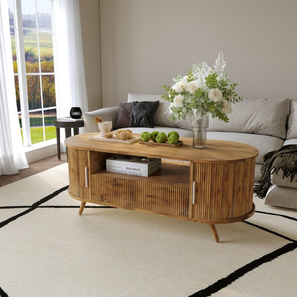 English Elm Dfw Oval Oak Coffee Table with Sliding Cabinet Drawer and Fluted Handles for Living Room W2301P496299