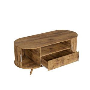 English Elm Dfw Oval Oak Coffee Table with Sliding Cabinet Drawer and Fluted Handles for Living Room W2301P496299
