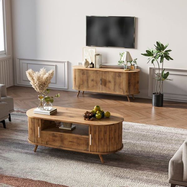 English Elm Dfw Oval Oak Coffee Table with Sliding Cabinet Drawer and Fluted Handles for Living Room W2301P496299