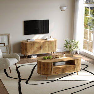 English Elm Dfw Oval Oak Coffee Table with Sliding Cabinet Drawer and Fluted Handles for Living Room W2301P496299