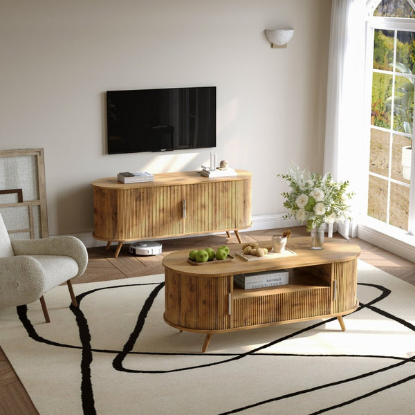 English Elm Dfw Oval Oak Coffee Table with Sliding Cabinet Drawer and Fluted Handles for Living Room W2301P496299