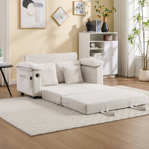 English Elm 58 Inch Chenille Tufted Convertible Loveseat Sleeper Sofa with Usb Port and Side Pockets Cream White W2311P495475