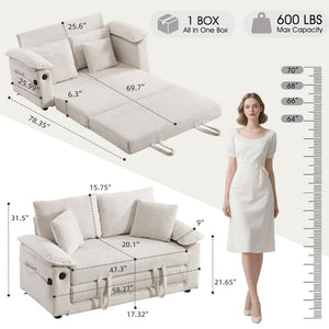 English Elm 58 Inch Chenille Tufted Convertible Loveseat Sleeper Sofa with Usb Port and Side Pockets Cream White W2311P495475