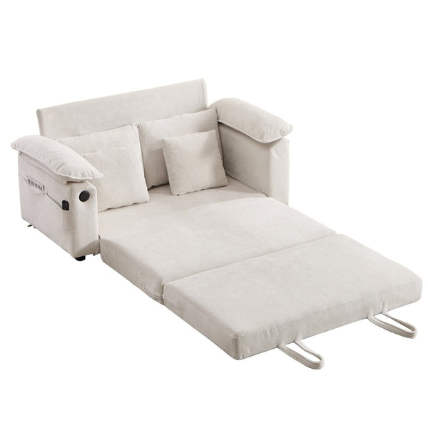 English Elm 58 Inch Chenille Tufted Convertible Loveseat Sleeper Sofa with Usb Port and Side Pockets Cream White W2311P495475