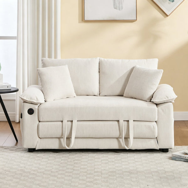 English Elm 58 Inch Chenille Tufted Convertible Loveseat Sleeper Sofa with Usb Port and Side Pockets Cream White W2311P495475