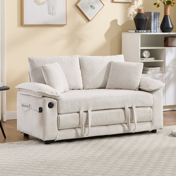 English Elm 58 Inch Chenille Tufted Convertible Loveseat Sleeper Sofa with Usb Port and Side Pockets Cream White W2311P495475