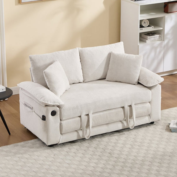 English Elm 58 Inch Chenille Tufted Convertible Loveseat Sleeper Sofa with Usb Port and Side Pockets Cream White W2311P495475