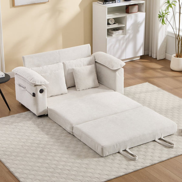 English Elm 58 Inch Chenille Tufted Convertible Loveseat Sleeper Sofa with Usb Port and Side Pockets Cream White W2311P495475