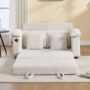 English Elm 58 Inch Chenille Tufted Convertible Loveseat Sleeper Sofa with Usb Port and Side Pockets Cream White W2311P495475