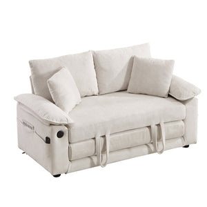 English Elm 58 Inch Chenille Tufted Convertible Loveseat Sleeper Sofa with Usb Port and Side Pockets Cream White W2311P495475