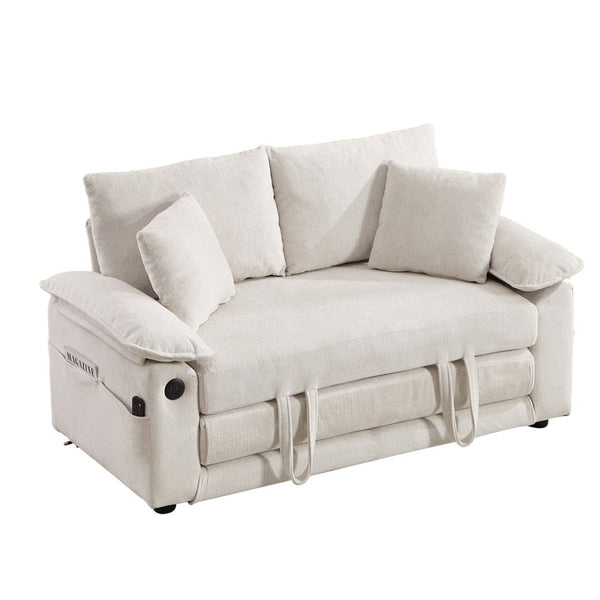English Elm 58 Inch Chenille Tufted Convertible Loveseat Sleeper Sofa with Usb Port and Side Pockets Cream White W2311P495475