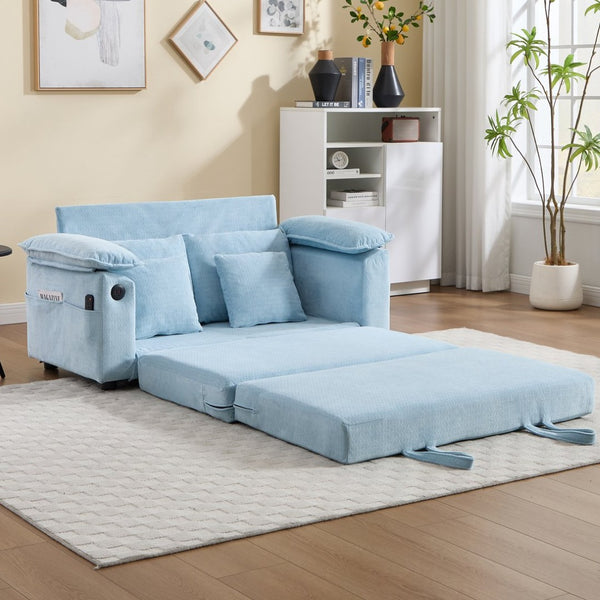 English Elm 58 Inch Chenille Tufted Convertible Loveseat Sleeper Sofa with Usb Port and Side Pockets Blue W2311P495478