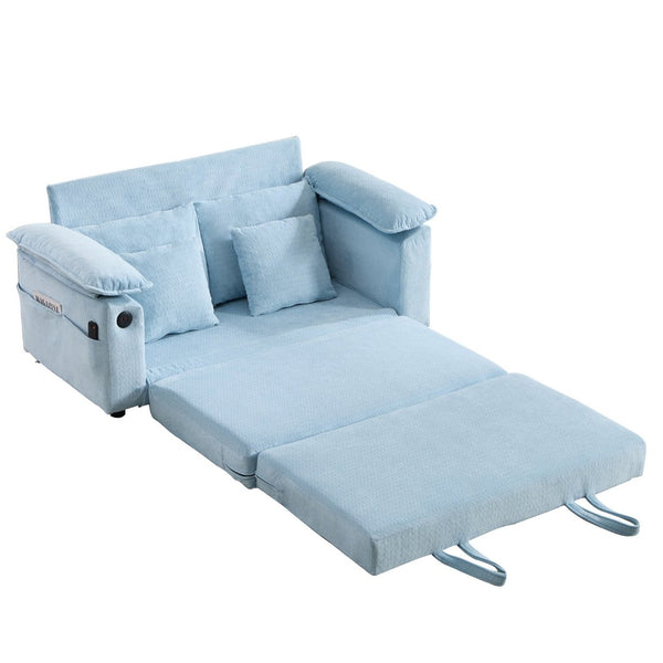 English Elm 58 Inch Chenille Tufted Convertible Loveseat Sleeper Sofa with Usb Port and Side Pockets Blue W2311P495478
