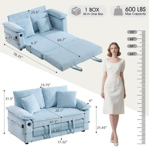 English Elm 58 Inch Chenille Tufted Convertible Loveseat Sleeper Sofa with Usb Port and Side Pockets Blue W2311P495478