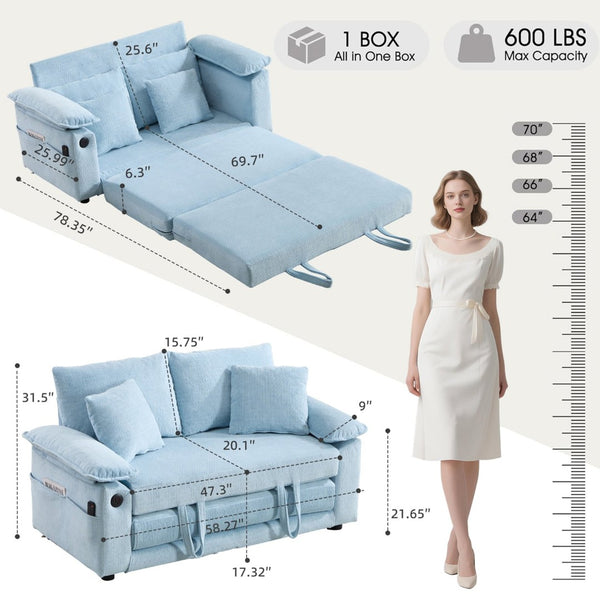English Elm 58 Inch Chenille Tufted Convertible Loveseat Sleeper Sofa with Usb Port and Side Pockets Blue W2311P495478