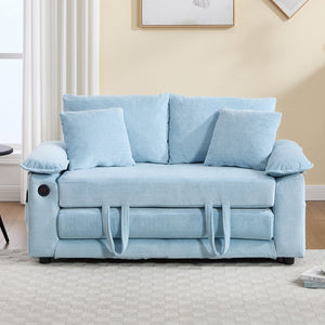 English Elm 58 Inch Chenille Tufted Convertible Loveseat Sleeper Sofa with Usb Port and Side Pockets Blue W2311P495478