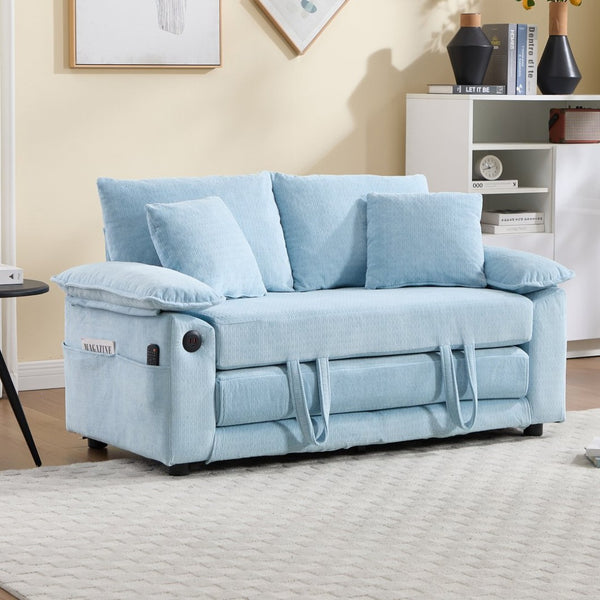 English Elm 58 Inch Chenille Tufted Convertible Loveseat Sleeper Sofa with Usb Port and Side Pockets Blue W2311P495478