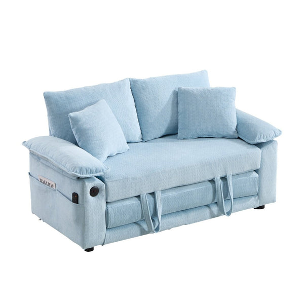 English Elm 58 Inch Chenille Tufted Convertible Loveseat Sleeper Sofa with Usb Port and Side Pockets Blue W2311P495478
