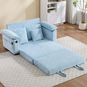 English Elm 58 Inch Chenille Tufted Convertible Loveseat Sleeper Sofa with Usb Port and Side Pockets Blue W2311P495478
