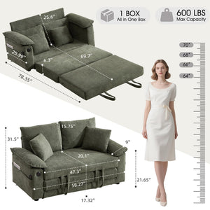 English Elm 58 Inch Chenille Tufted Convertible Loveseat Sleeper Sofa with Usb Port and Side Pockets Green W2311P495481