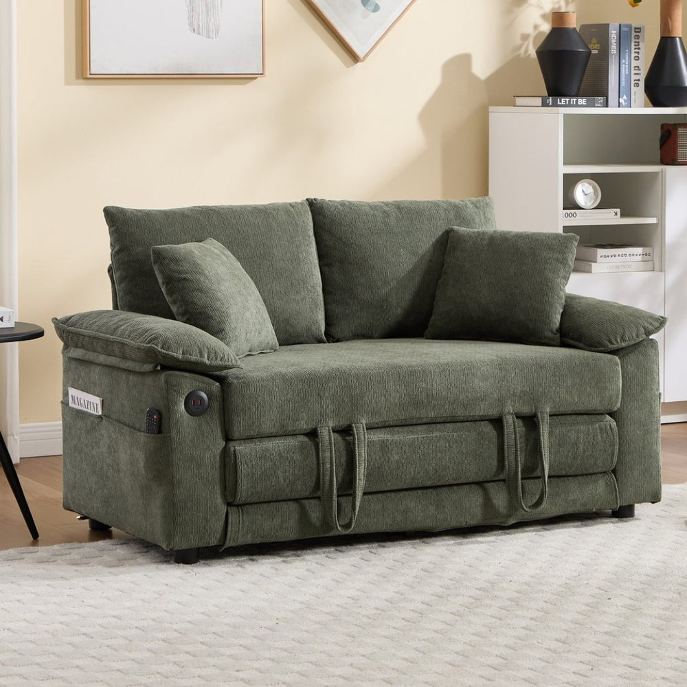 English Elm 58 Inch Chenille Tufted Convertible Loveseat Sleeper Sofa with Usb Port and Side Pockets Green W2311P495481