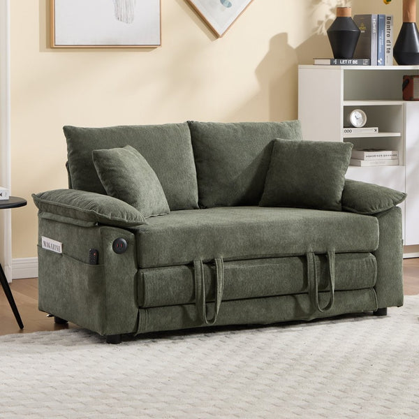 English Elm 58 Inch Chenille Tufted Convertible Loveseat Sleeper Sofa with Usb Port and Side Pockets Green W2311P495481