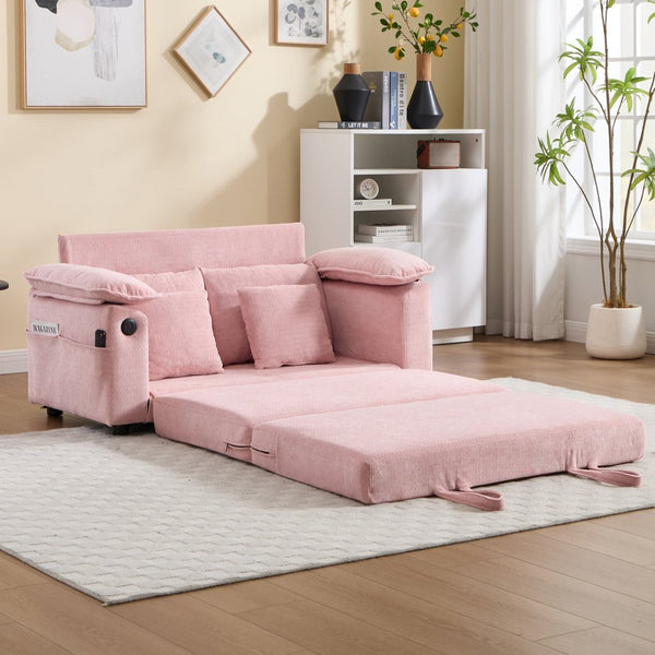 English Elm 58 Inch Chenille Tufted Convertible Loveseat Sleeper Sofa with Usb Port and Side Pockets Pink W2311P495483