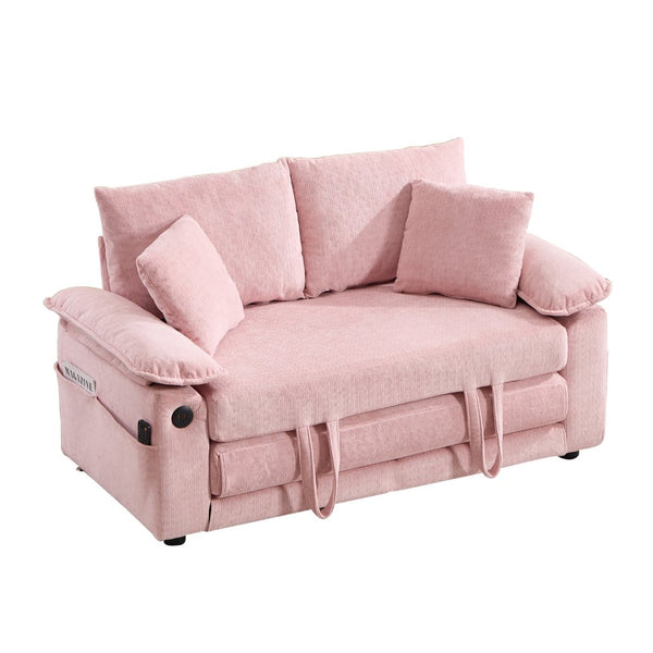 English Elm 58 Inch Chenille Tufted Convertible Loveseat Sleeper Sofa with Usb Port and Side Pockets Pink W2311P495483