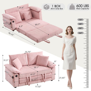 English Elm 58 Inch Chenille Tufted Convertible Loveseat Sleeper Sofa with Usb Port and Side Pockets Pink W2311P495483