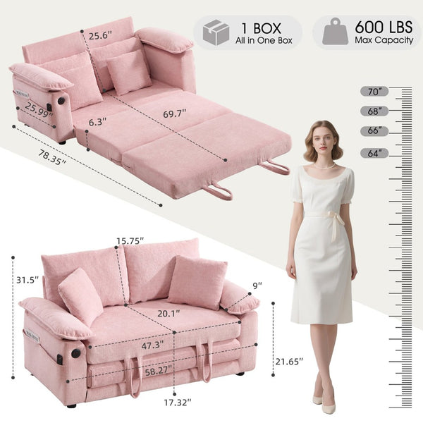 English Elm 58 Inch Chenille Tufted Convertible Loveseat Sleeper Sofa with Usb Port and Side Pockets Pink W2311P495483