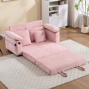 English Elm 58 Inch Chenille Tufted Convertible Loveseat Sleeper Sofa with Usb Port and Side Pockets Pink W2311P495483