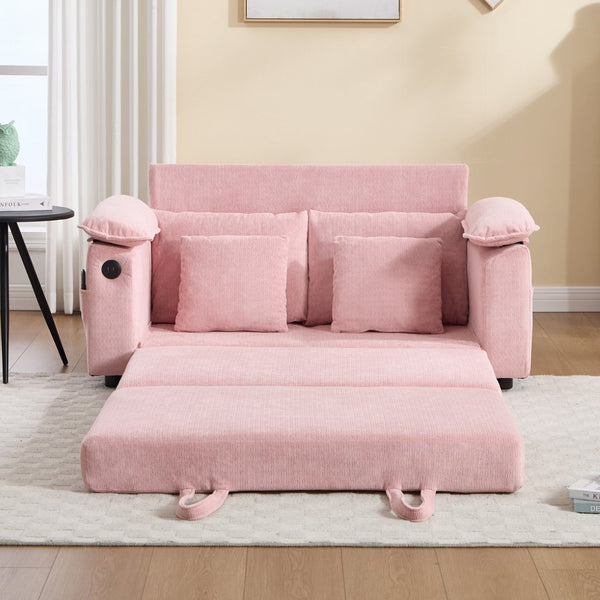 English Elm 58 Inch Chenille Tufted Convertible Loveseat Sleeper Sofa with Usb Port and Side Pockets Pink W2311P495483