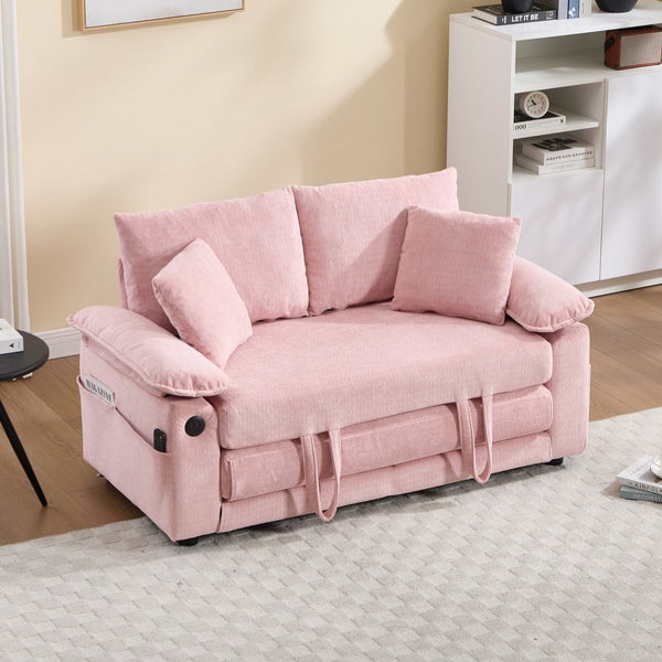 English Elm 58 Inch Chenille Tufted Convertible Loveseat Sleeper Sofa with Usb Port and Side Pockets Pink W2311P495483