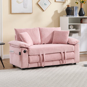 English Elm 58 Inch Chenille Tufted Convertible Loveseat Sleeper Sofa with Usb Port and Side Pockets Pink W2311P495483