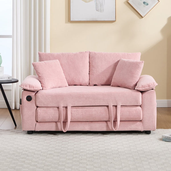 English Elm 58 Inch Chenille Tufted Convertible Loveseat Sleeper Sofa with Usb Port and Side Pockets Pink W2311P495483