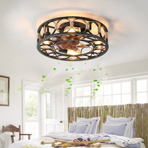 English Elm Caged Flush Mount Ceiling Fan with LED Lighting Remote Six Speed Reversible Motor W2312141753