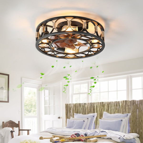 English Elm Caged Flush Mount Ceiling Fan with LED Lighting Remote Six Speed Reversible Motor W2312141753
