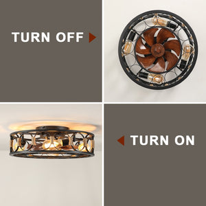 English Elm Caged Flush Mount Ceiling Fan with LED Lighting Remote Six Speed Reversible Motor W2312141753