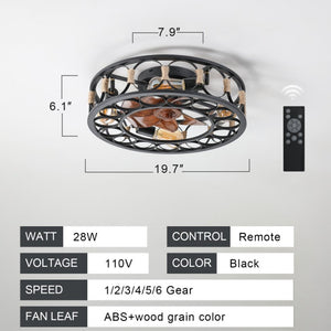 English Elm Caged Flush Mount Ceiling Fan with LED Lighting Remote Six Speed Reversible Motor W2312141753