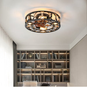 English Elm Caged Flush Mount Ceiling Fan with LED Lighting Remote Six Speed Reversible Motor W2312141753