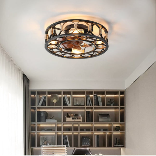 English Elm Caged Flush Mount Ceiling Fan with LED Lighting Remote Six Speed Reversible Motor W2312141753